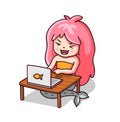 Laughing mermaid staring at a laptop. Cute cartoon character for emoji, sticker, pin, patch, badge.