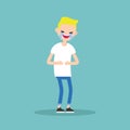 Laughing out loud blond boy / flat vector editable illustration