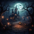 Laughing pumpkins in front of an old Victorian ghost haunted house. Night, smoke, fog, lights. Halloween concept. Royalty Free Stock Photo