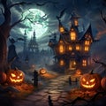 Laughing pumpkins in front of an old Victorian ghost haunted house. Night, smoke, fog, lights. Halloween concept. Royalty Free Stock Photo