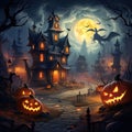 Laughing pumpkins in front of an old Victorian ghost haunted house. Night, smoke, fog, lights. Halloween concept. Royalty Free Stock Photo