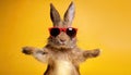 Laughing Rabbit in Sunglasses Dancing Exuberantly amidst a Red Backdrop at Twilight Quirky Artwork Radiating Joy and Vibrance Royalty Free Stock Photo