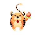 Laughing red tiger gives a ripe peach. Symbol of coming chinese new year of the tiger 2022. Element for spring festival