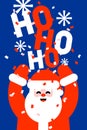 Laughing Santa Claus with hands up saying ho ho ho. Cute Christmas greeting card. Flat style vector illustration Royalty Free Stock Photo