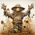 laughing scarecrow made of branches and old clothes on a farmer's field