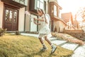 Laughing skinny kid being involved in playing in a mascaraed costume Royalty Free Stock Photo