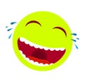 Laughing smiley emoticon vector. Cartoon happy face with laughing mouth and tears, emoticons cry or tear smile illustration. Royalty Free Stock Photo