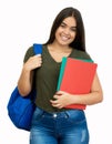 Laughing spanish female student with backpack