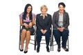 Laughing three business women on chair Royalty Free Stock Photo