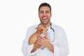 Laughing vet holding chihuahua Royalty Free Stock Photo