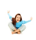 Laughing woman in blue pyjamas