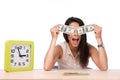 Laughing woman covering her eyes with money Royalty Free Stock Photo