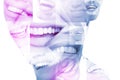 Laughing woman mouth with great teeth over white background. Healthy beautiful female smile. Teeth health, whitening, prosthetics