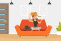 Laughing Woman Pet Owner Sitting on Sofa Playing with Cats Vector Illustration