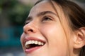 Laughing woman. Portrait of happy smiling girl. Cheerful young beautiful girl smiling laughing outdoor. Emotional face Royalty Free Stock Photo