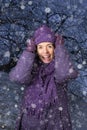 Laughing woman Snowfall Winter clothing