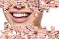 Laughing women and men with great teeth over white background. Healthy beautiful male and female smile. Teeth health, whitening, Royalty Free Stock Photo