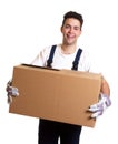 Laughing worker with a box in his hands