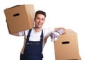 Laughing worker with a box on his shoulder