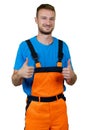 Laughing worker with orange protective gear Royalty Free Stock Photo