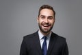Laughing young bearded business man in classic black suit shirt tie posing isolated on grey background studio portrait Royalty Free Stock Photo