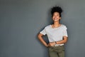 Laughing young black woman isolated on grey background Royalty Free Stock Photo