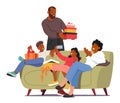 Laughter Fills The Room As The Family Characters Exchanges Gifts, Joyous Faces Unwrapping Surprises, Vector Illustration