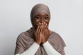 Laughter. Positive Black Muslim Woman In Hijab Covering Mouth With Hands