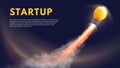 Launch idea. Run startup business, rocket boost for ideas and light bulb fly high vector illustration
