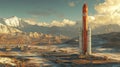 Launch Preparations for a Futuristic Rocket at a Remote Spaceport Surrounded by Mountains and Clouds During Sunset Royalty Free Stock Photo