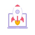 Launch rocket with fire flame at laptop screen icon vector. Spaceship internet marketing startup Royalty Free Stock Photo