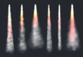 Launch rocket smoke. Aircraft flying effect fog and fire speed flowing sky steam vector realistic templates