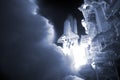 The launch of a space rocket at night, in clouds of smoke. Elements of this image were furnished by NASA Royalty Free Stock Photo