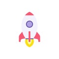 Launch spaceship with burning flame from engine vector flat illustration. Flying rocket for galaxy Royalty Free Stock Photo