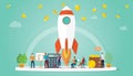 Launch startup business concept with rocket and some financial business money and team people work with modern flat style - vector