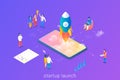 Launch Startup Isometric Flat vector illustration. People Teamwork in Mobile Phone Smartphone Start up Project