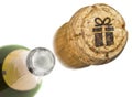 Launched champagne cork with the shape of a gift burnt in.serie Royalty Free Stock Photo