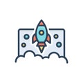 Color illustration icon for Launched, begun and rocket