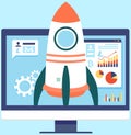 Launching business project. Startup with spaceship. Rocket launch planning and statistical analysis Royalty Free Stock Photo