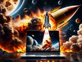 Launching space rocket laptop screen Galaxy Universe Space Background Rocket Science Spaceship launching fire smoke computer Royalty Free Stock Photo