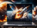 Launching space rocket laptop screen Galaxy Universe Space Background Rocket Science Spaceship launching fire smoke computer Royalty Free Stock Photo