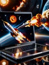 Launching space rocket laptop screen Galaxy Universe Space Background Rocket Science Spaceship launching fire smoke computer Royalty Free Stock Photo