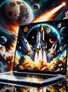 Launching space rocket laptop screen Galaxy Universe Space Background Rocket Science Spaceship launching fire smoke computer