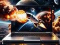 Launching space rocket laptop screen Galaxy Universe Space Background Rocket Science Spaceship launching fire smoke computer