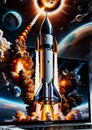 Launching space rocket laptop screen Galaxy Universe Space Background Rocket Science Spaceship launching fire smoke computer Royalty Free Stock Photo