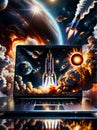 Launching space rocket laptop screen Galaxy Universe Space Background Rocket Science Spaceship launching fire smoke computer Royalty Free Stock Photo