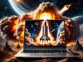 Launching space rocket laptop screen Galaxy Universe Space Background Rocket Science Spaceship launching fire smoke computer