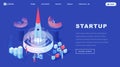 Launching startups isometric landing page template. People launching spacecraft in space. Businessmen, coworkers