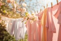 Laundered clothes hanging on a line in front of spring background. Generative AI