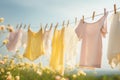 Laundered clothes hanging on a line in front of spring background. Generative AI Royalty Free Stock Photo